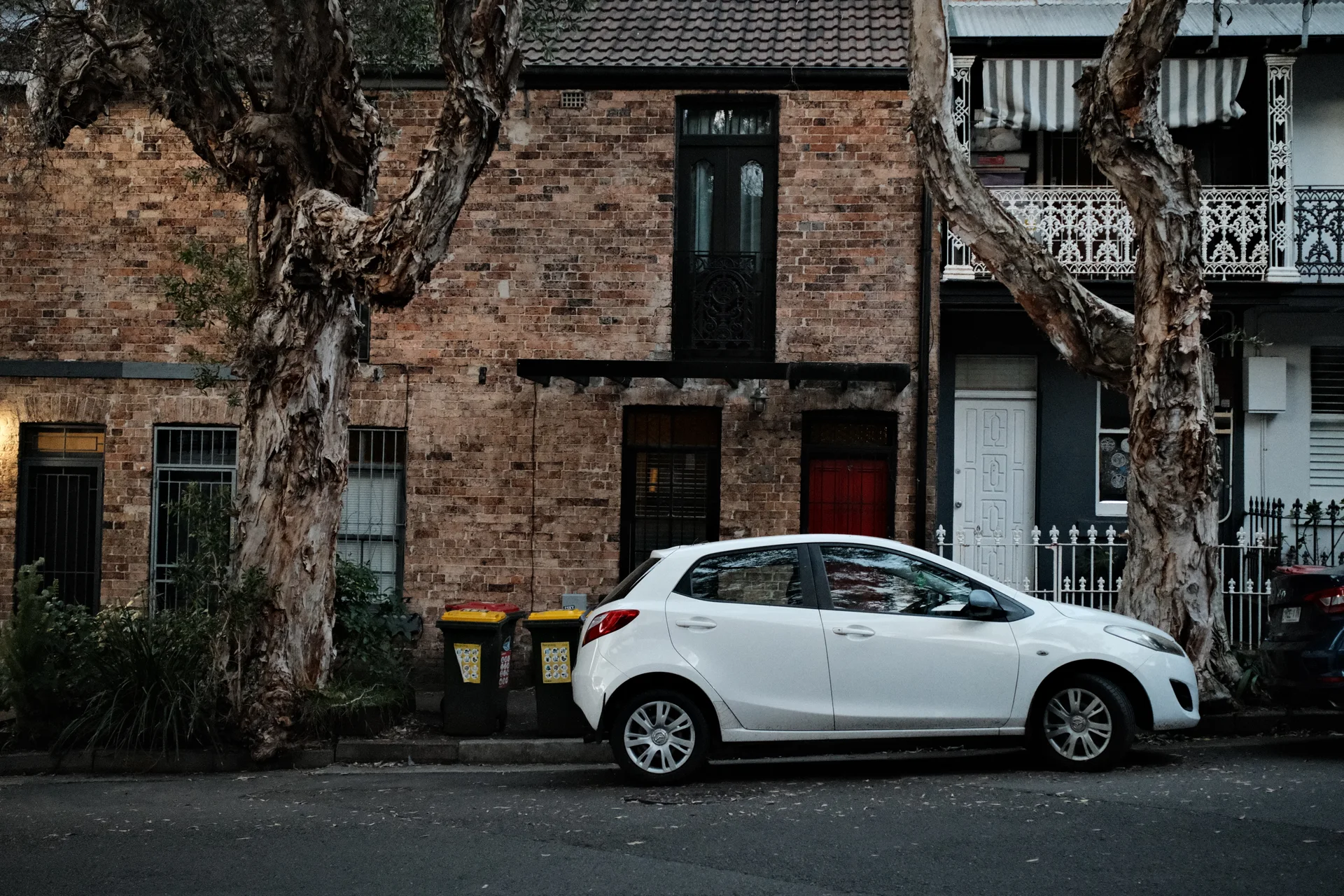 A white car parked between mature gum trees in front of brick terrace houses.